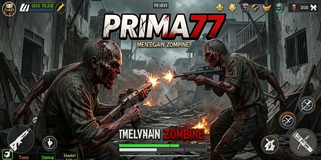 Tampilan antarmuka permainan PRIMA77 dengan aksi tembak zombie yang intens.