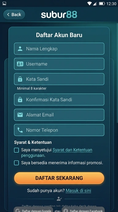 Tampilan halaman daftar subur88
